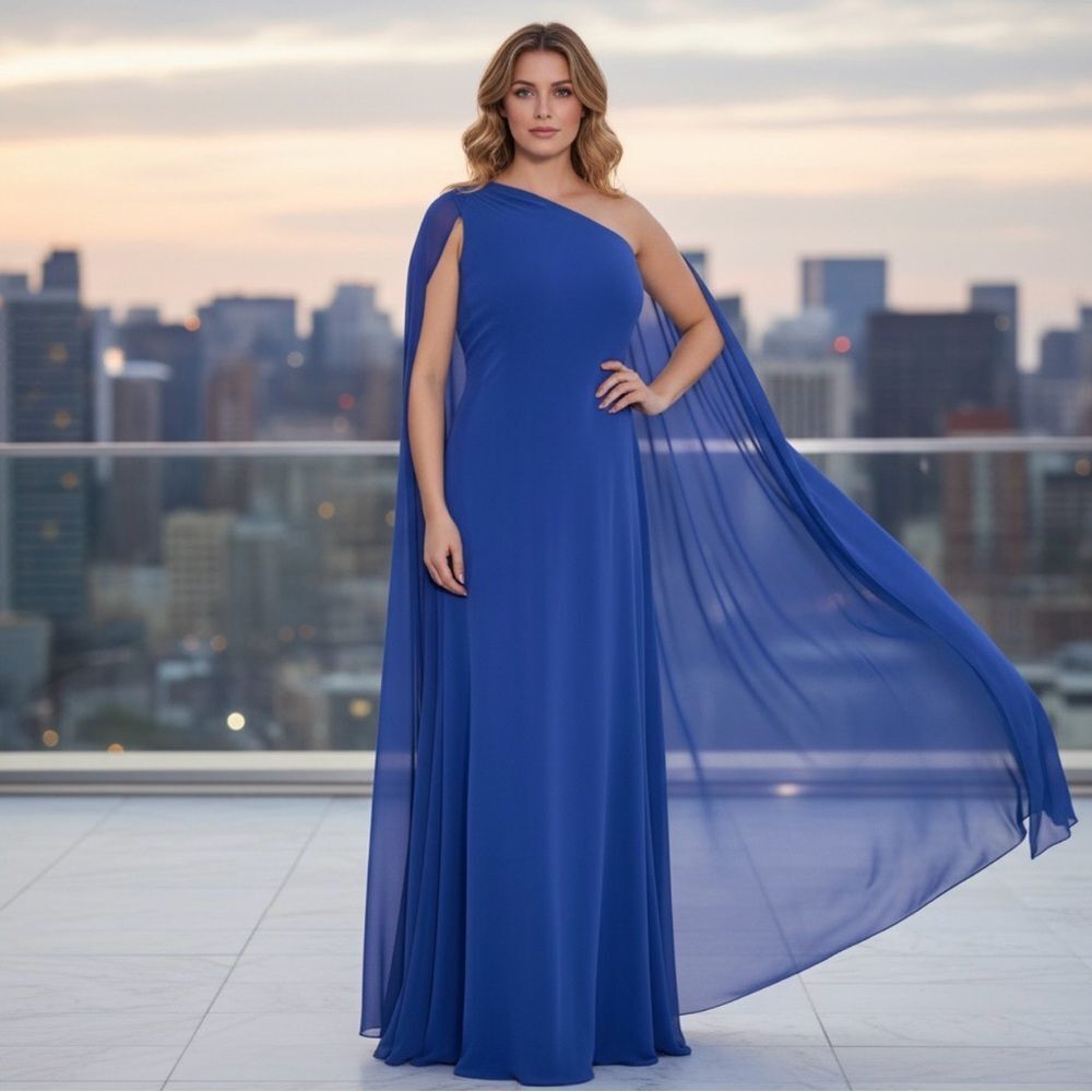 🟡 Calvin Klein One-Shoulder Blue Cape Gown